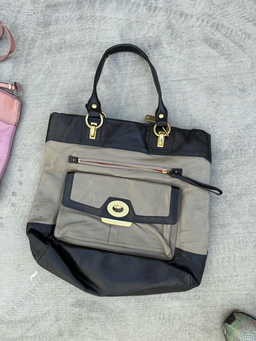 Coach Two-Tone Leather Laptop Tote in Gray and Black with Gold Hardware